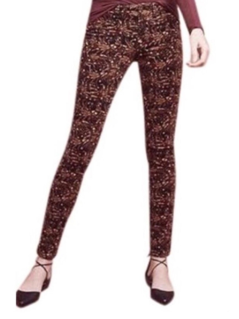 Anthropologie Pilcro Paisley Corduroy Skinny Pants Size 28 Burgundy Brown